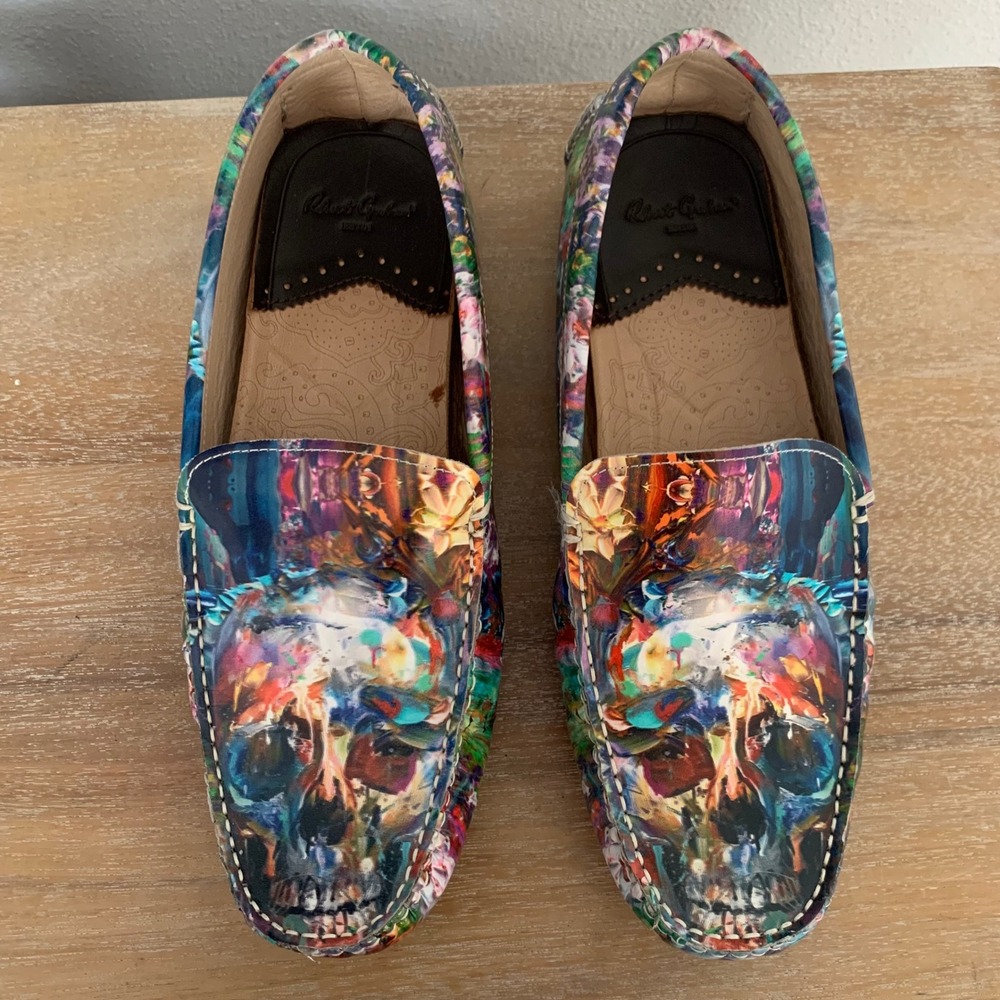 Robert Graham Mens Multicolor Abstract Skull Print Leather Driving Loafers 10.5